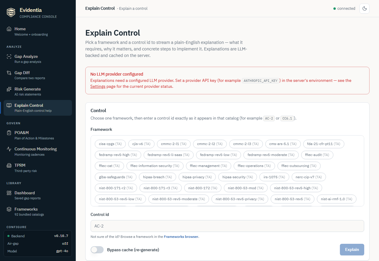 The Explain Control screen