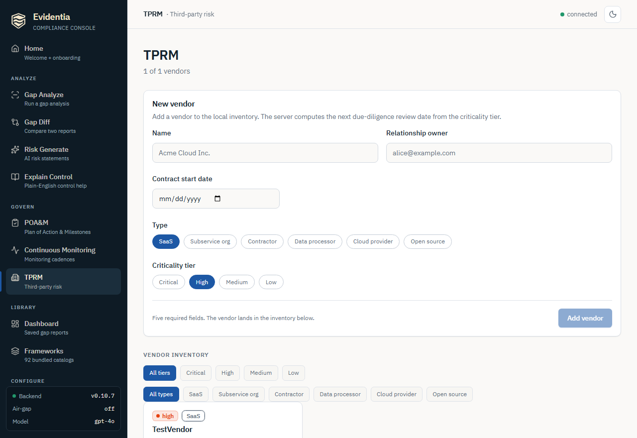 The TPRM vendor screen