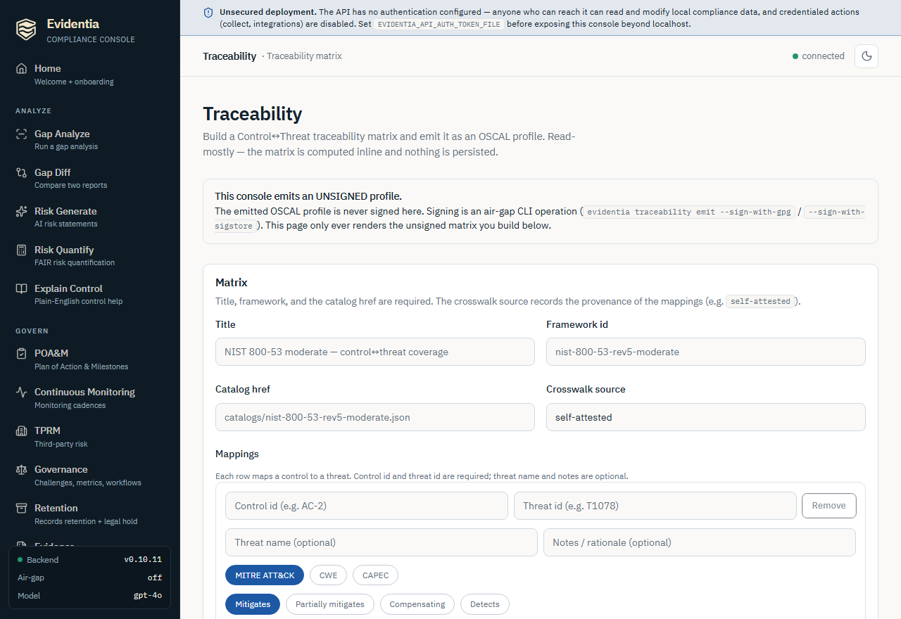 The Traceability screen